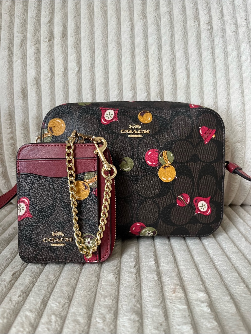 COACH Brown Signature Canvas Crossbody Bag with Fruit Print